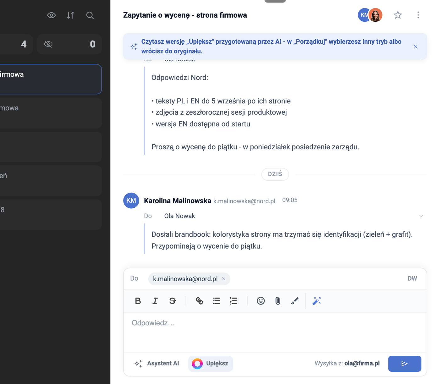Conversa de email aberta com uma faixa a informar sobre a versão Embelezar preparada pela IA