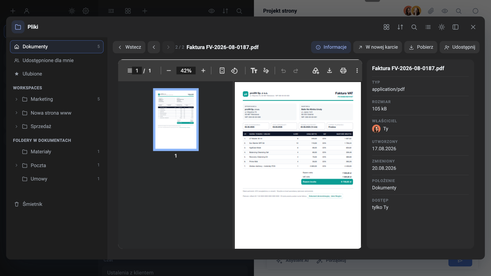 Dados da instância de demonstração: pré-visualização de uma fatura PDF no módulo Ficheiros e painel de informações do documento