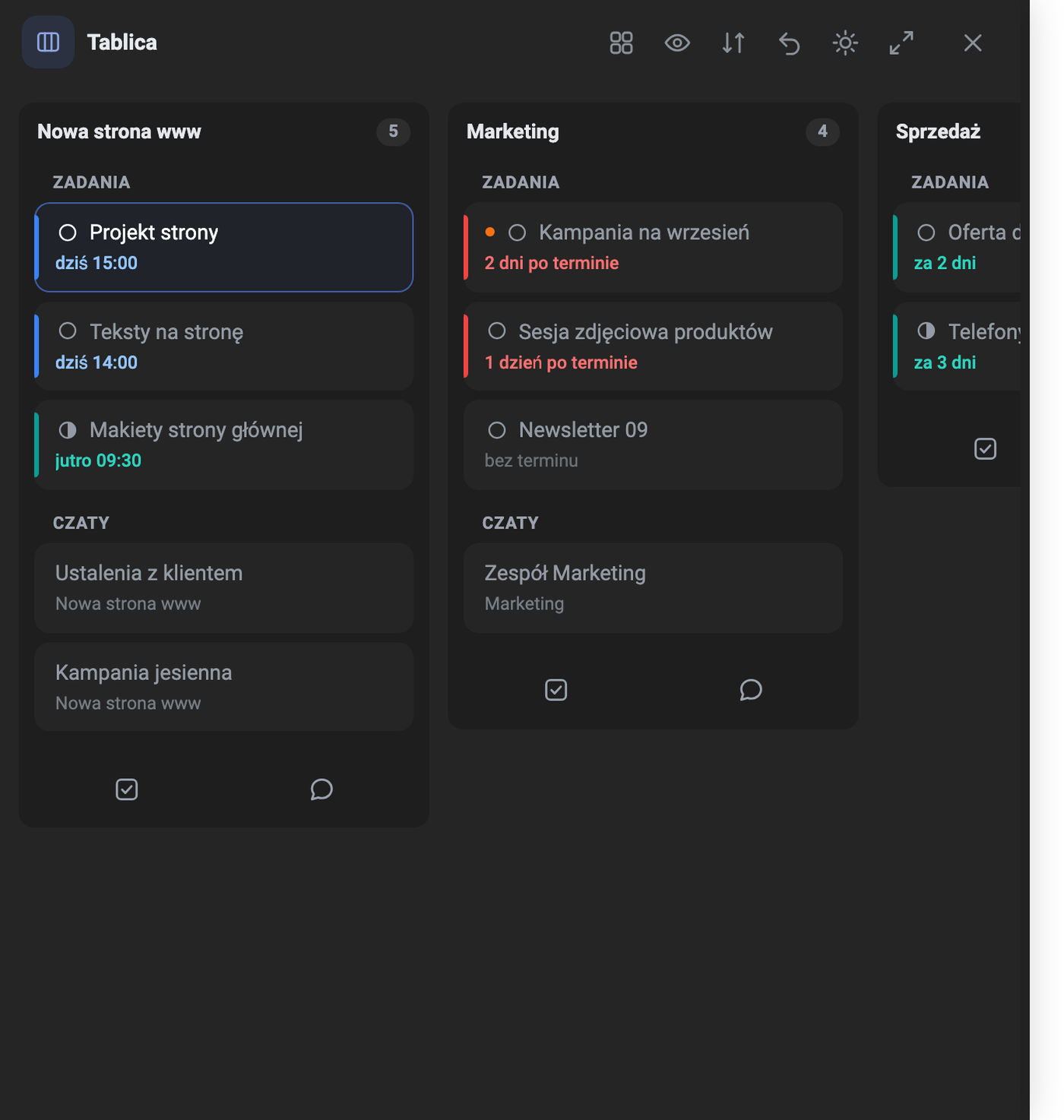 A Task Manager Táblája a Weboldal megújítása, Marketing és Értékesítés oszlopokkal