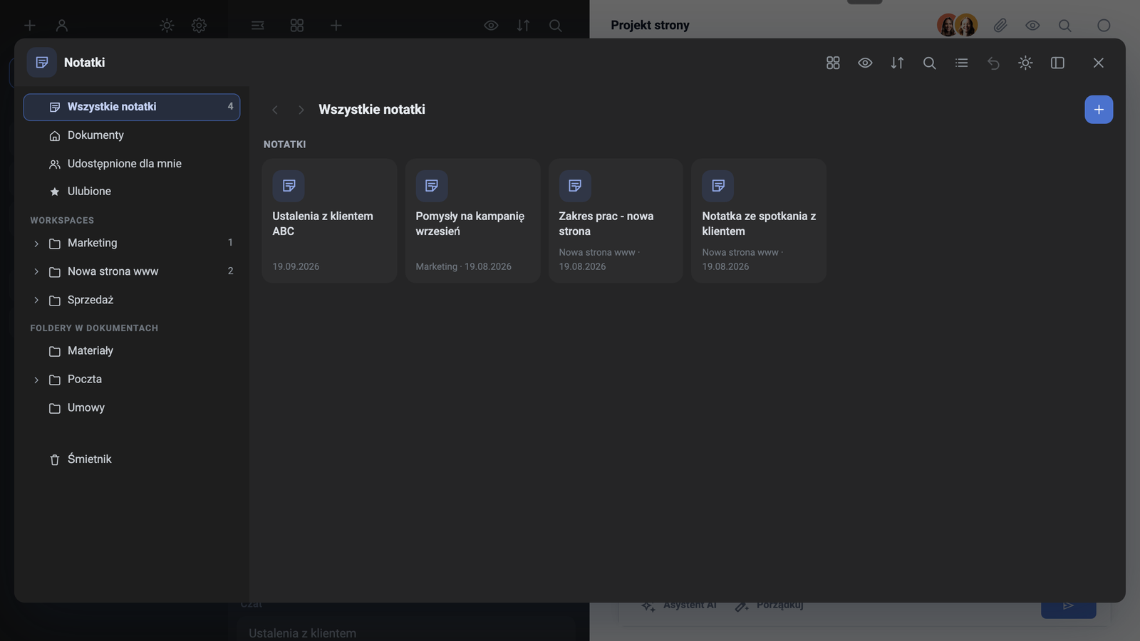 Dados da instância de demonstração: lista de notas e pastas associadas aos Workspaces Marketing, Novo site e Vendas