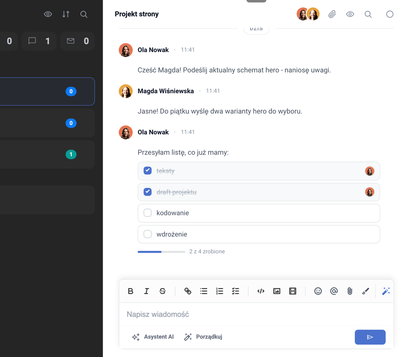 Vlákno Projekt webu s konverzací a seznamem úkolů k odškrtnutí