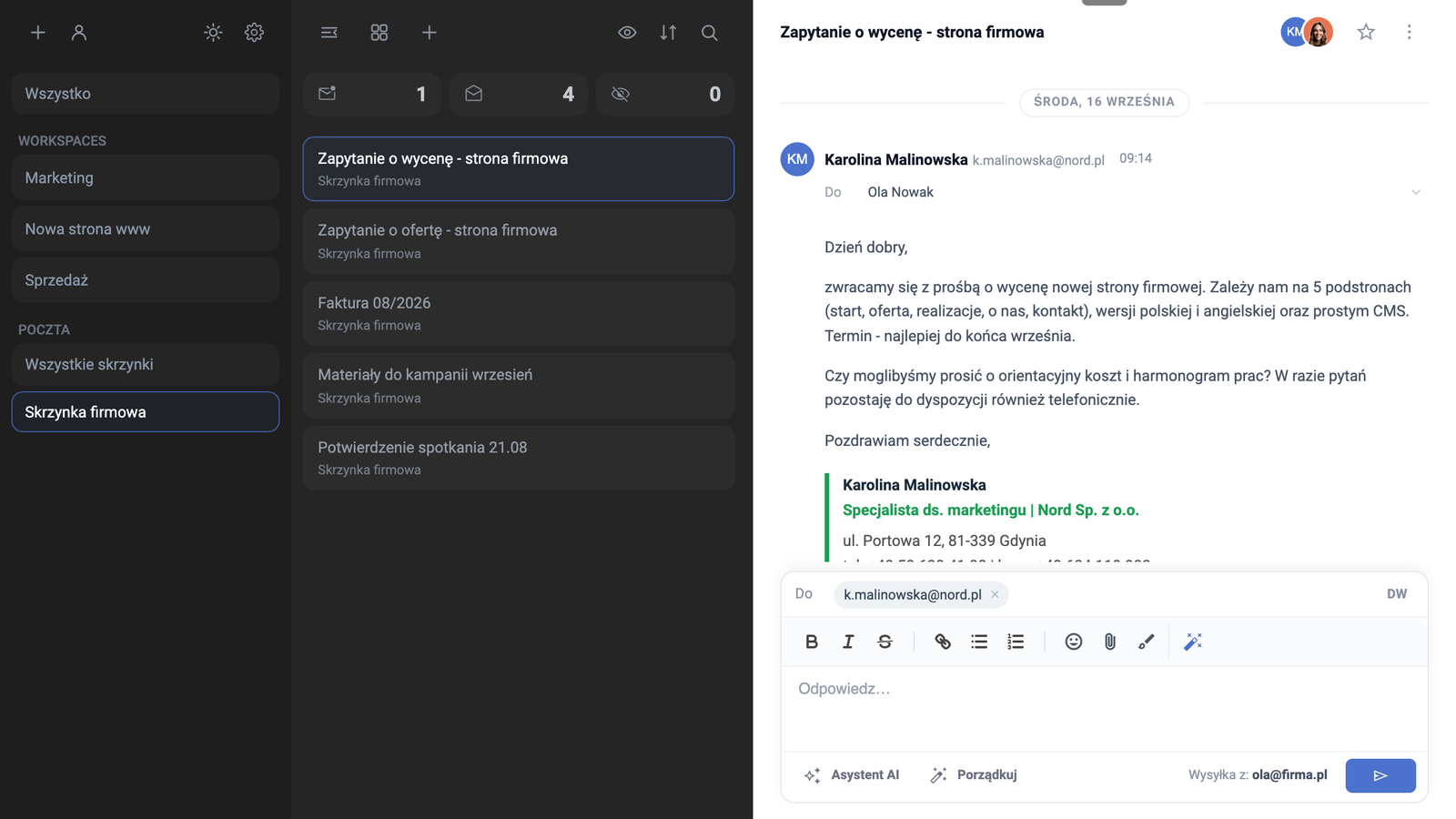 Vista de três colunas do Task Manager com a Caixa de correio da empresa, a lista de e-mails e um pedido de orçamento aberto