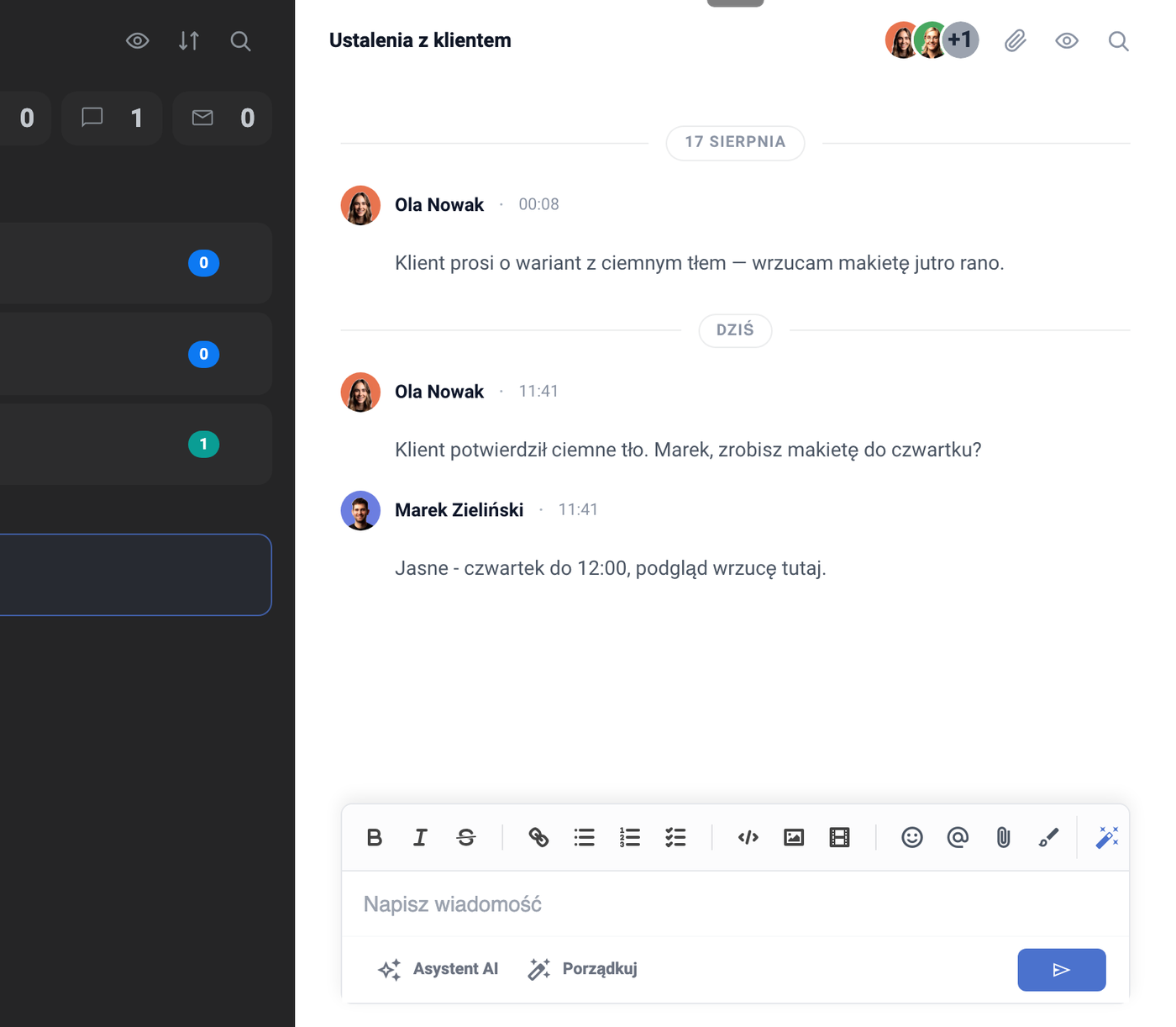 Chat Acordos com o cliente com mensagens de Ola Nowak e Marek Zieliński sobre a maquete e o prazo