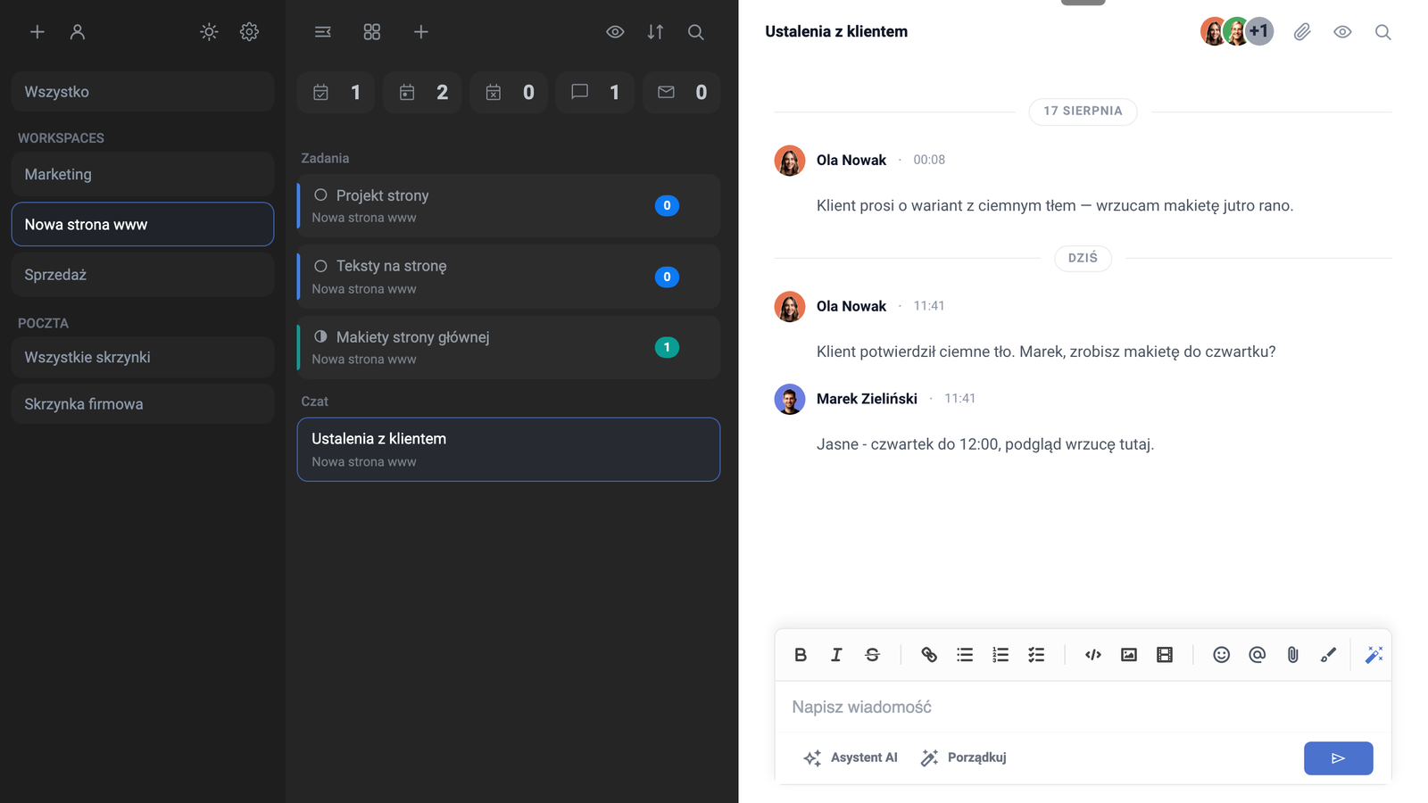 Fil de discussion dans Task Manager à côté de la liste des tâches et des espaces de travail