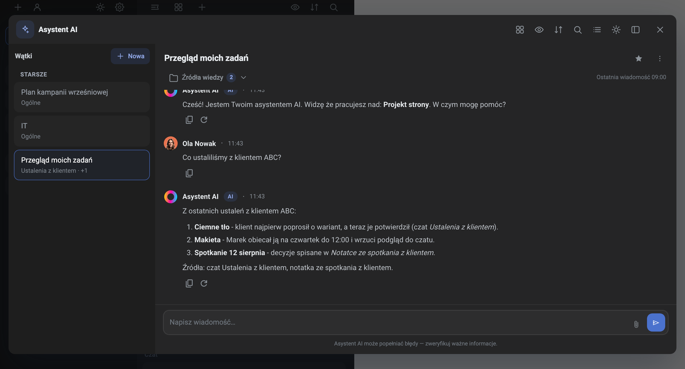 AI asistent odpovídá na základě vybraného chatu a poznámky