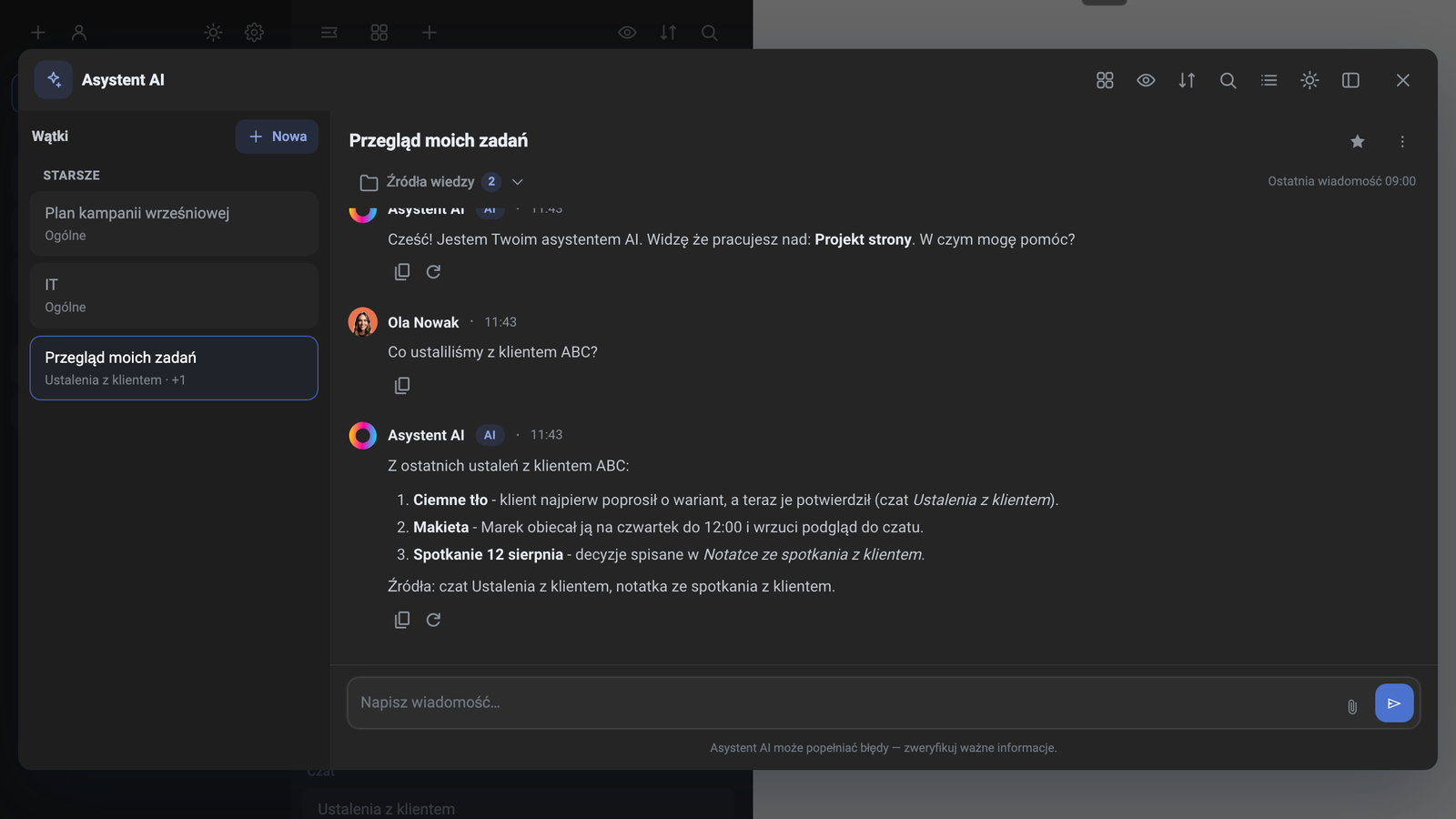 Dados da instância de demonstração: o Assistente de IA responde a Ola Nowak sobre o cliente ABC com base numa conversa e numa nota
