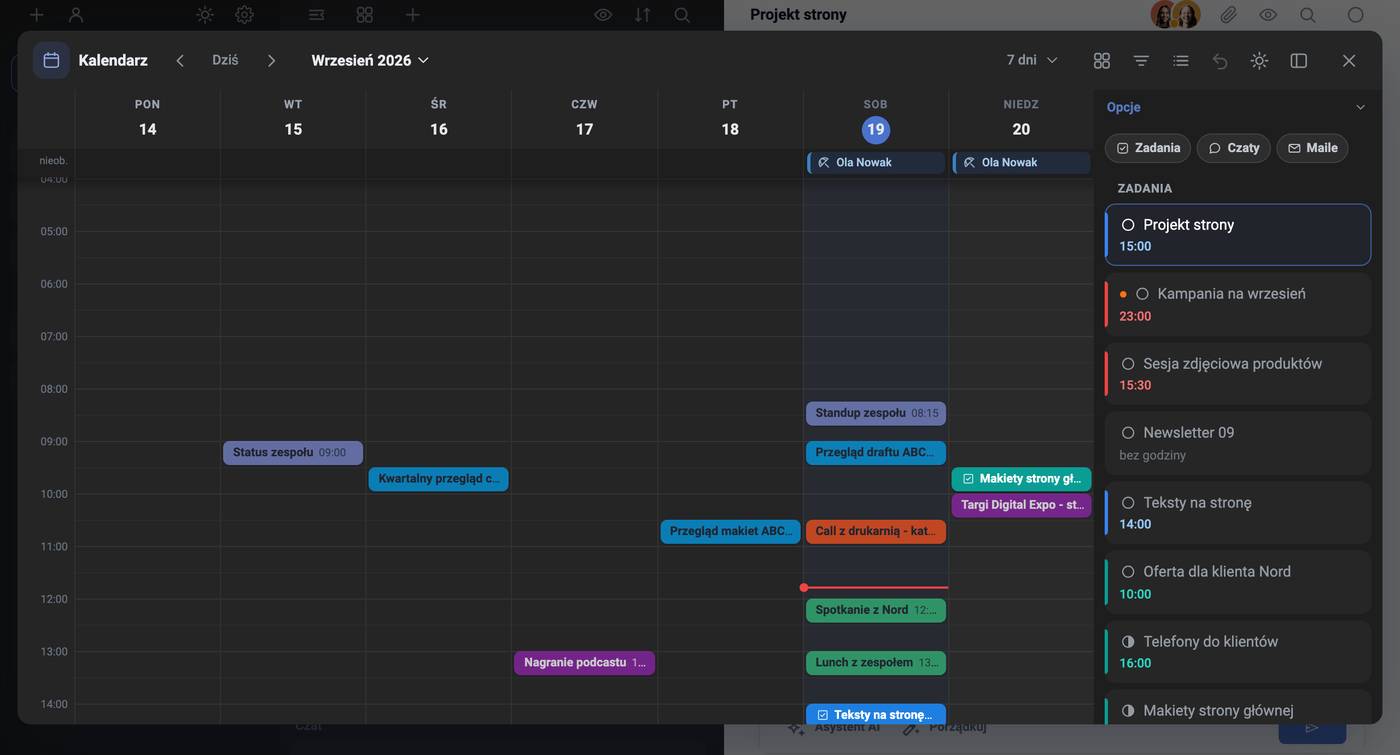 Weekly Calendar with absence entries for Ola Nowak above the weekend columns