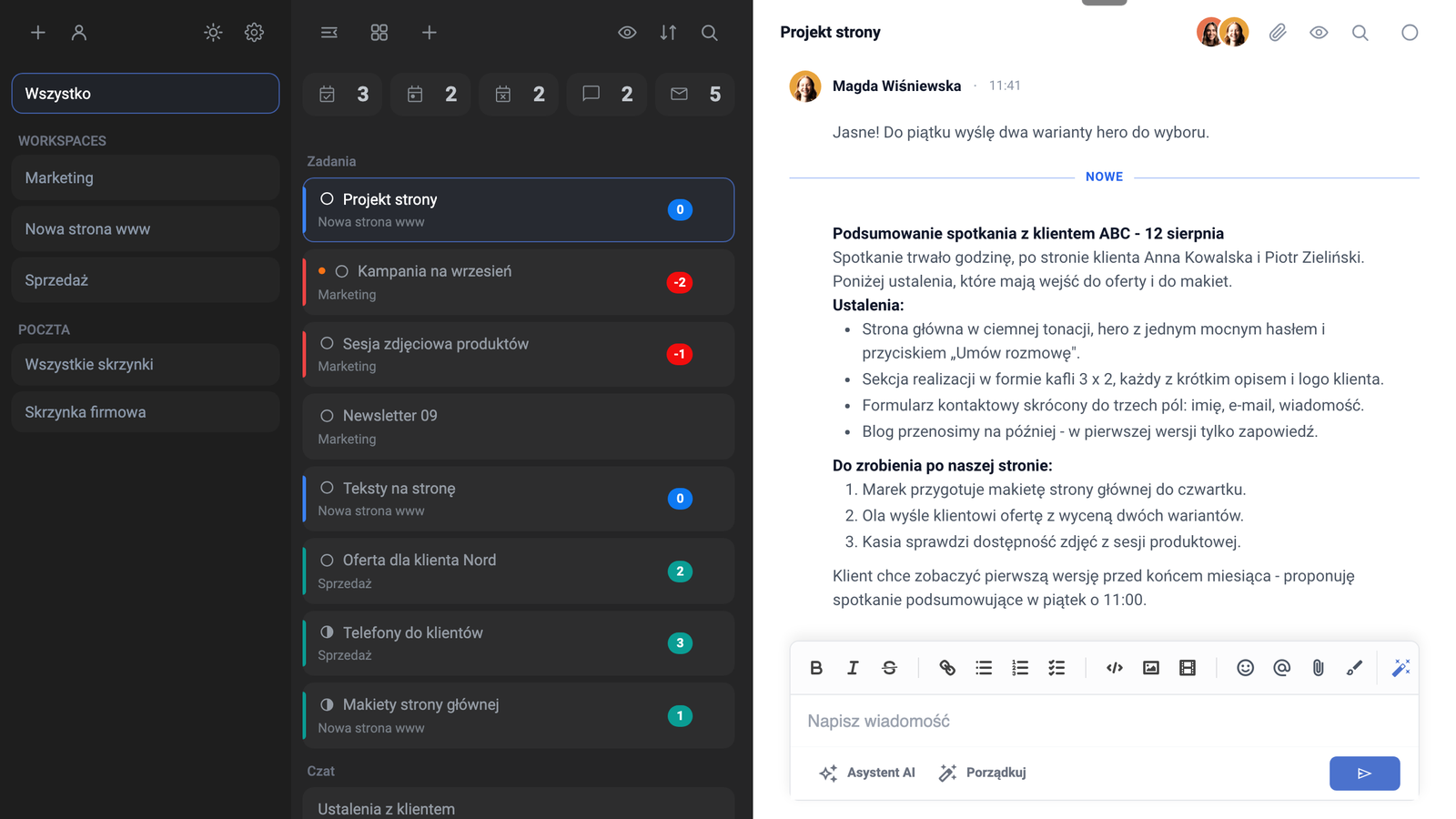 Työtilat, tehtävälista ja avoin viestiketju Sivustoprojekti Task Managerissa