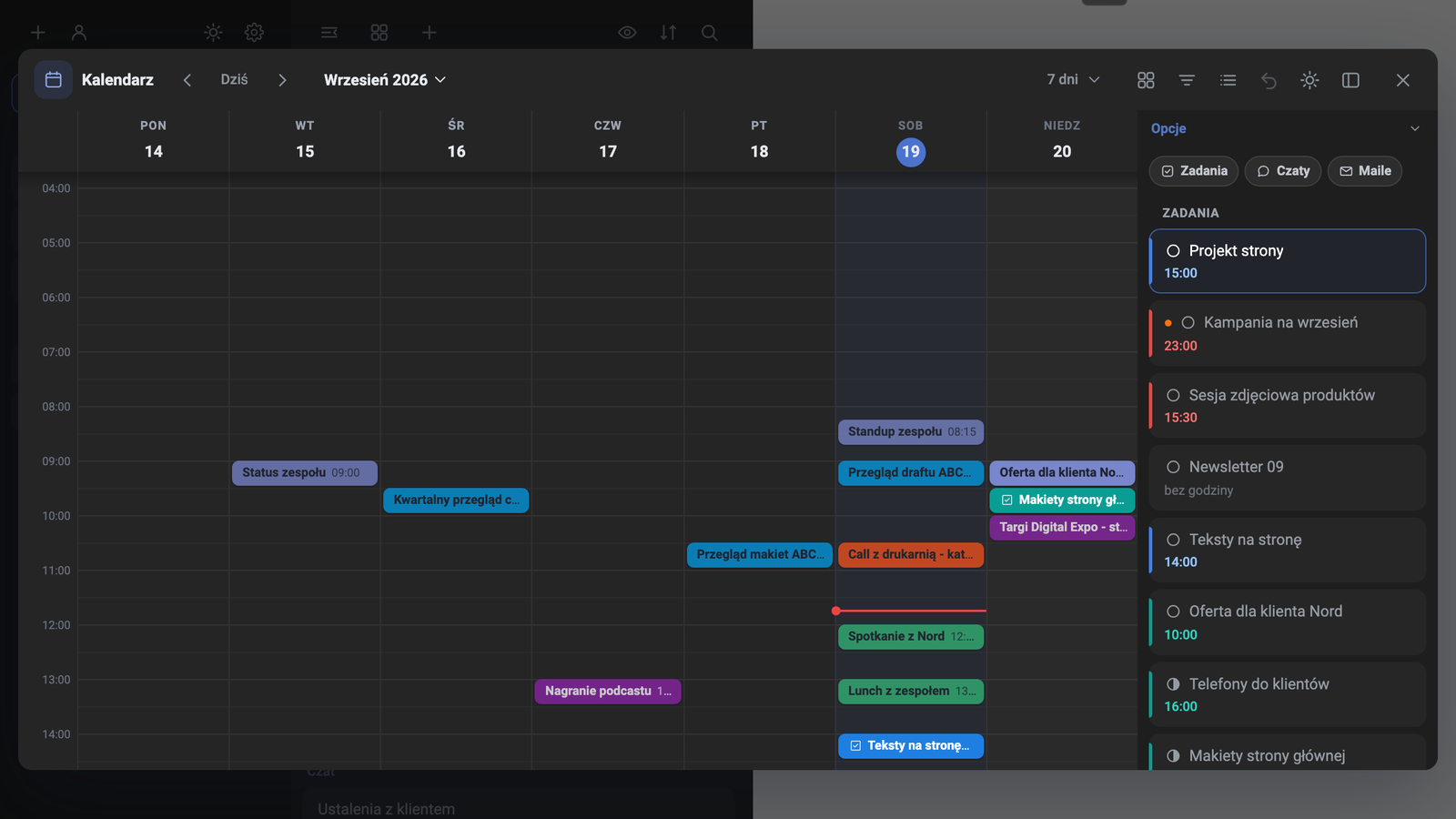 Veckovy i Task Managers Kalender med händelser och en uppgiftspanel till höger