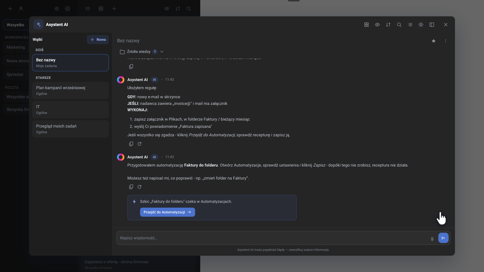 Ventana de Automatizaciones con un disparador de correo nuevo, condiciones sobre el remitente y el adjunto, y guardado del archivo en una carpeta