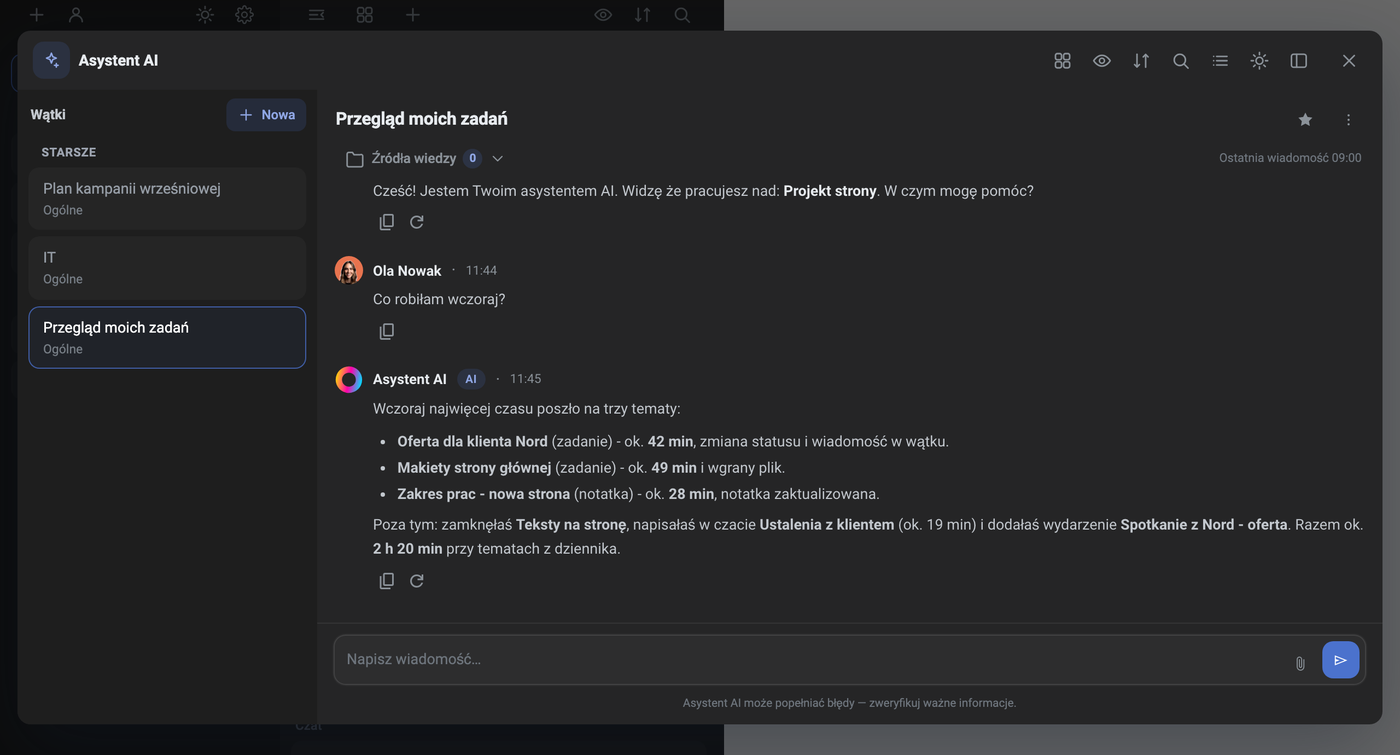 Okno AI asistenta s dotazem Oly Nowak na včerejší den a odpovědí týkající se úkolů a poznámky