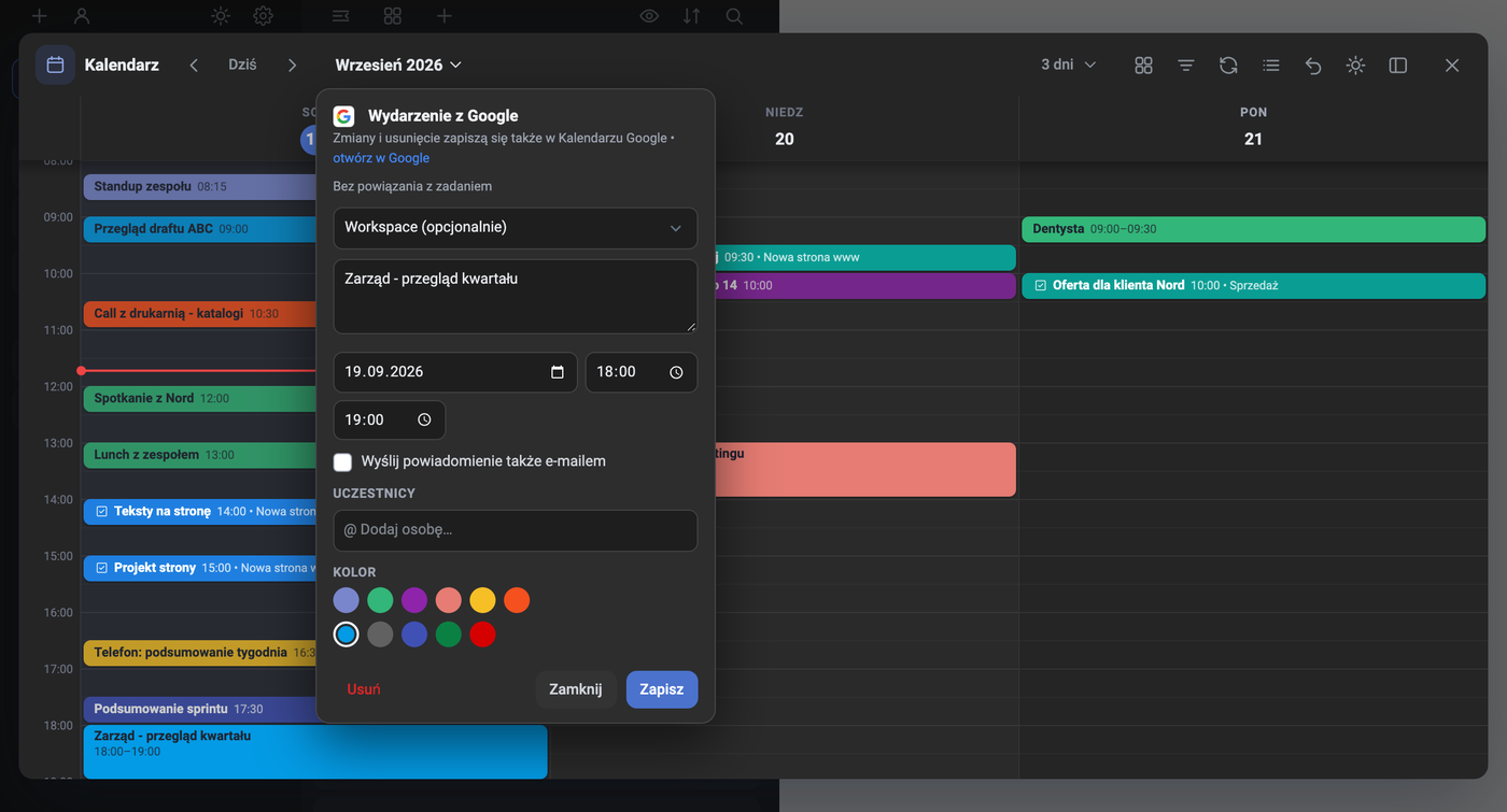 Bearbeitungsfenster für ein Ereignis aus Google Kalender in Task Manager