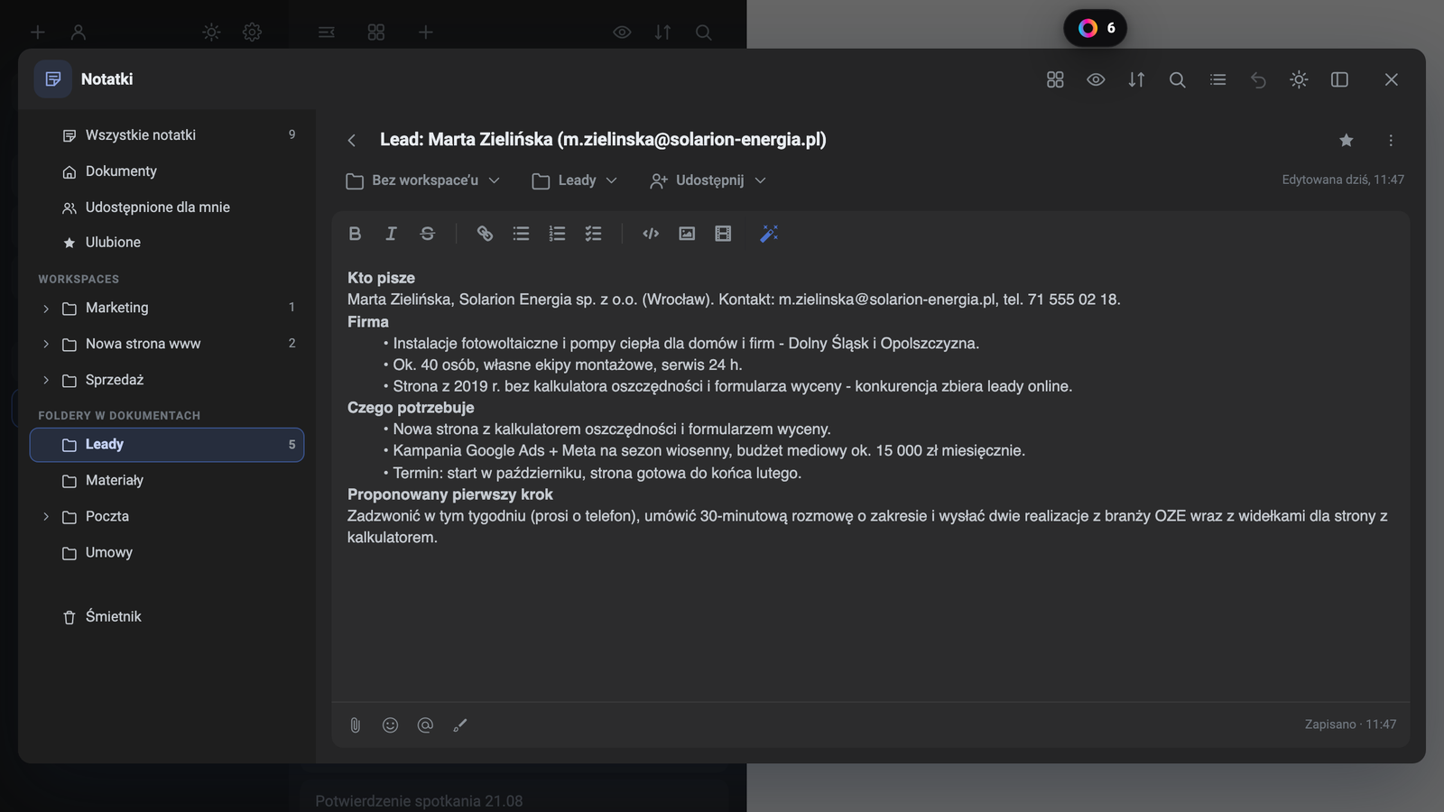 Nota sobre un nuevo lead abierta en la carpeta Leads