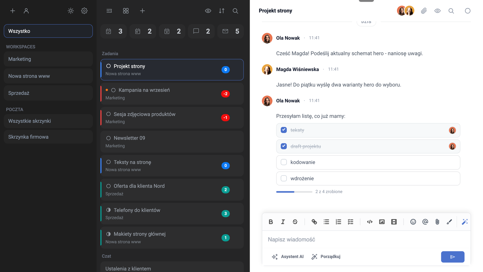 Seznam úkolů a otevřené vlákno Projekt webu v Task Manageru