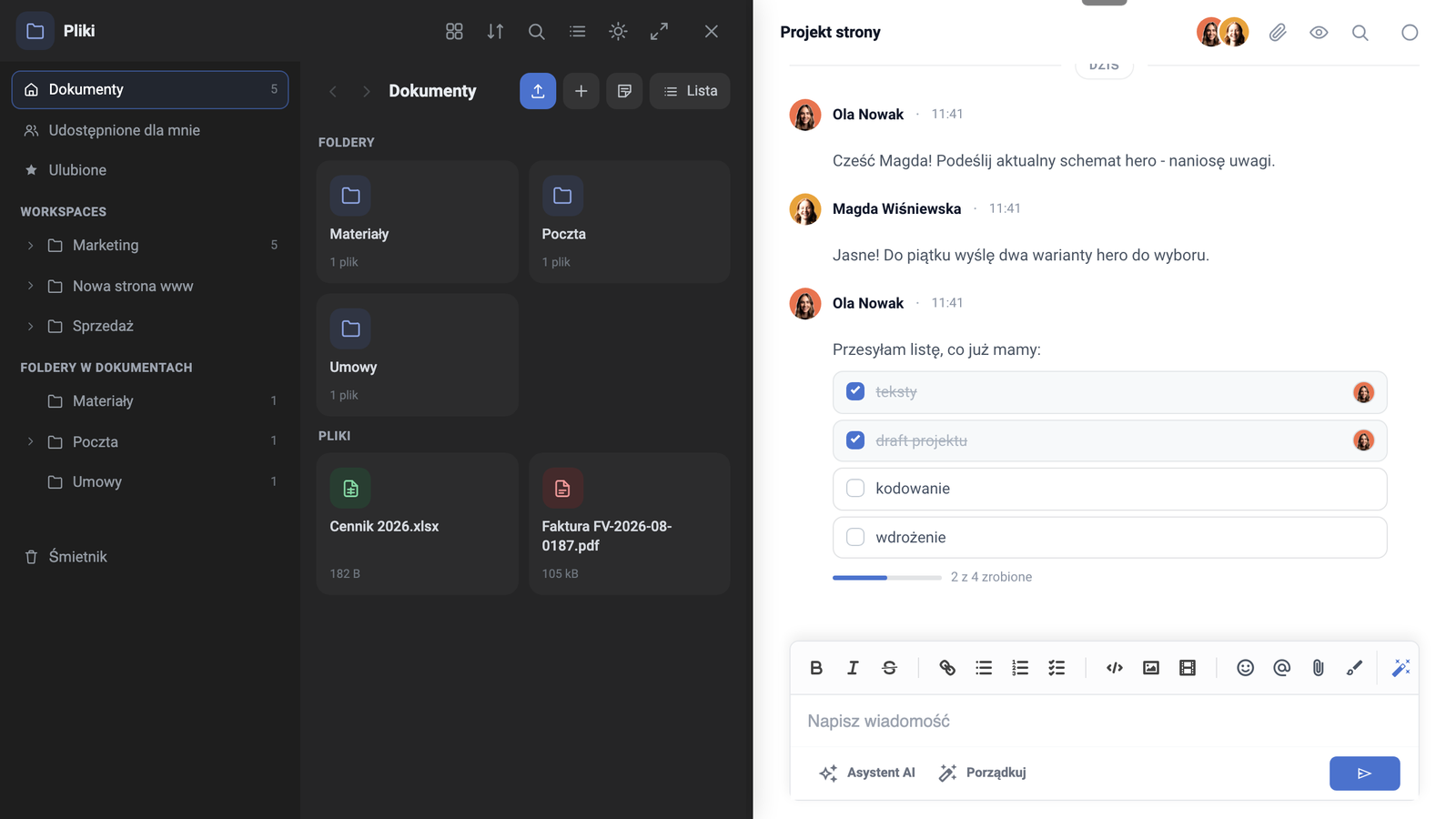 Ventana de Archivos acoplada junto a un chat abierto en Task Manager
