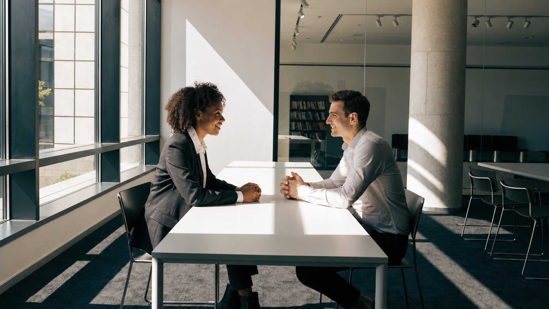 Une femme et un homme discutent autour d'une longue table dans une salle de bureau lumineuse pendant une réunion d'équipe