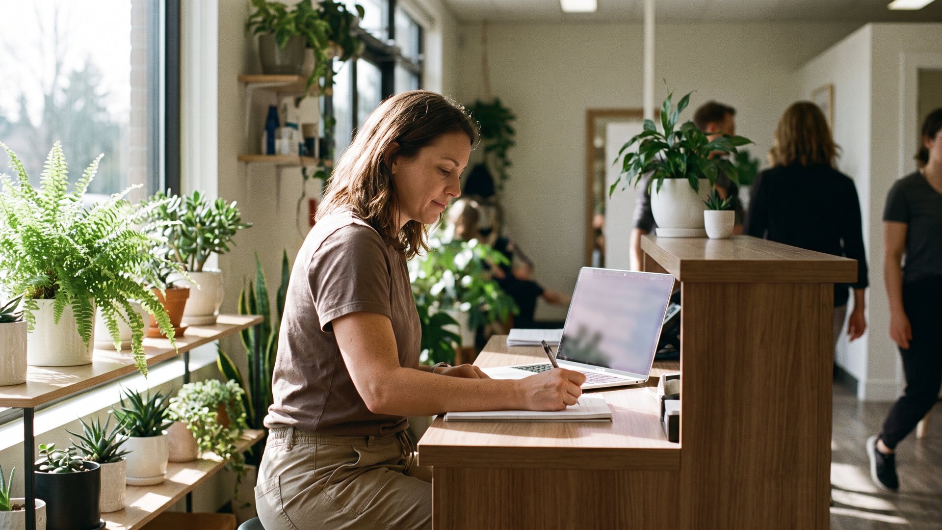 Woman at a counter in a bright office, writing a schedule in a notebook beside a laptop
