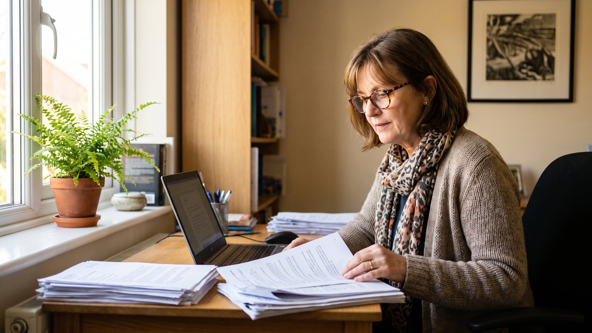 Eine Buchhalterin mit Brille sieht sich an einem Schreibtisch mit Laptop in einem hellen Büro Dokumente an