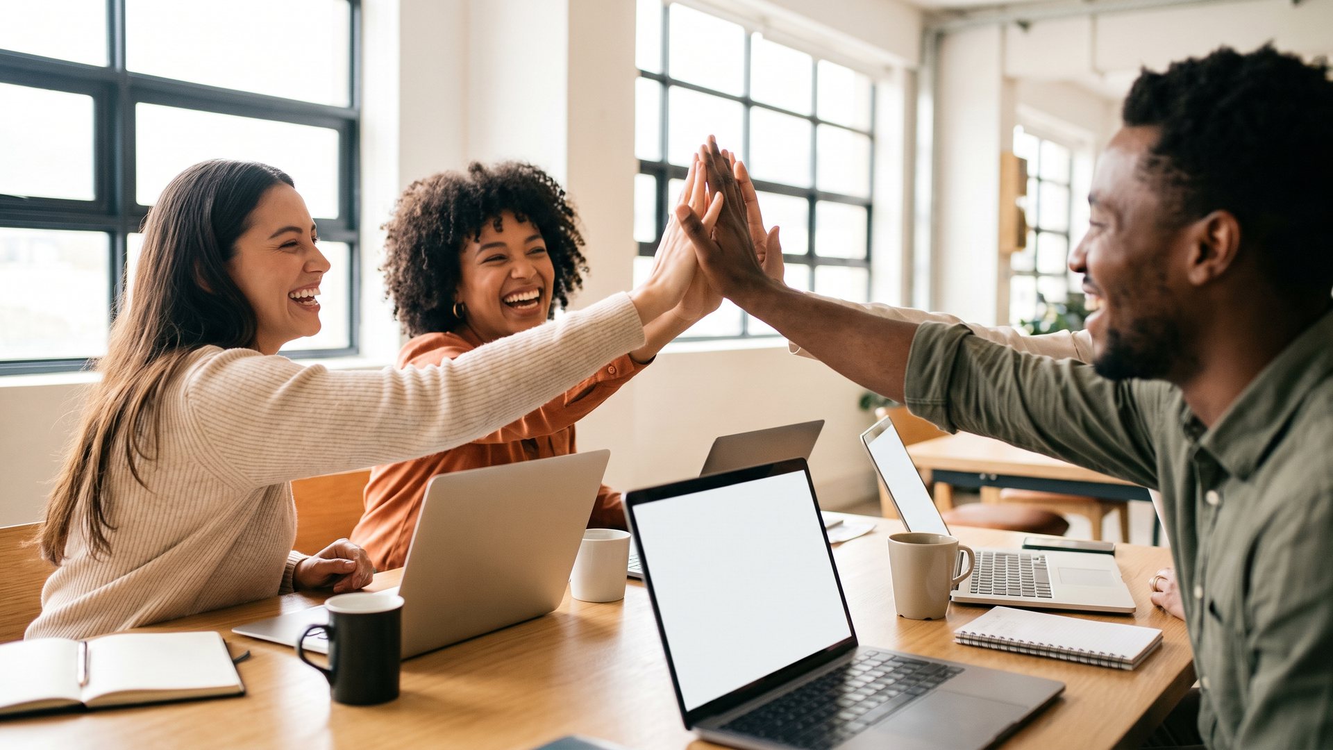 Zwei Frauen und ein Mann geben sich im hellen Büro über einem Tisch mit Laptops ein High Five