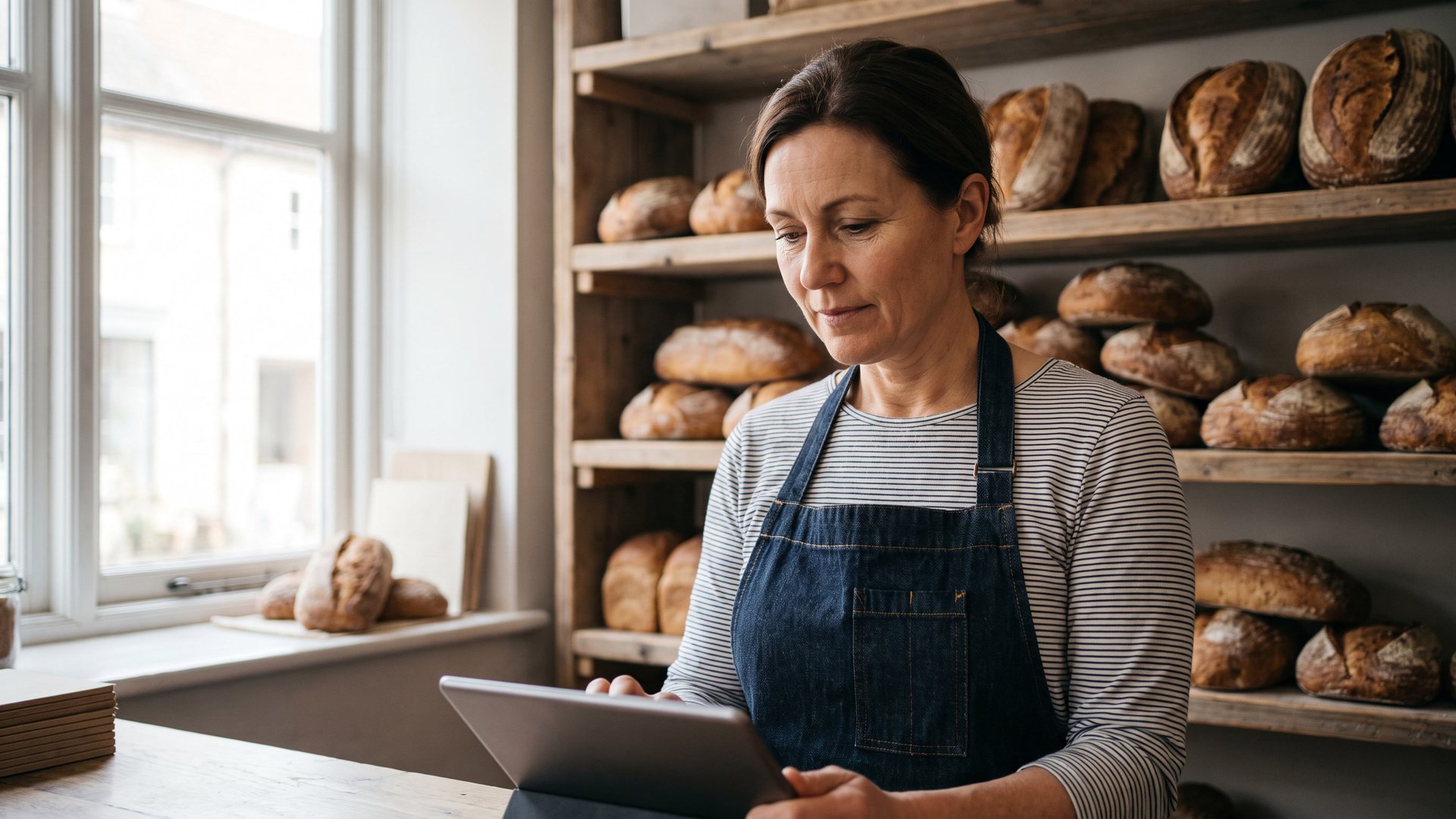 Eine Bäckereibesitzerin prüft etwas auf einem Tablet an der Theke voller Backwaren
