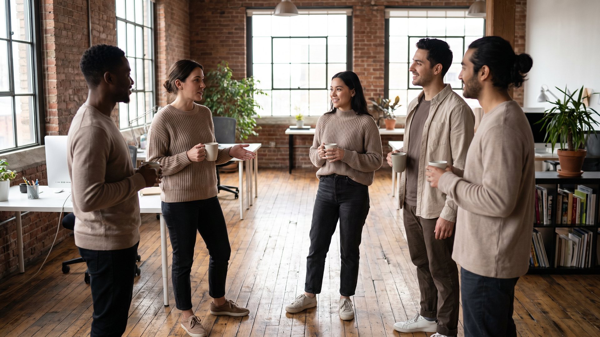 Une équipe de cinq personnes se tient en cercle dans un bureau et discute du plan de travail, des tasses de café à la main