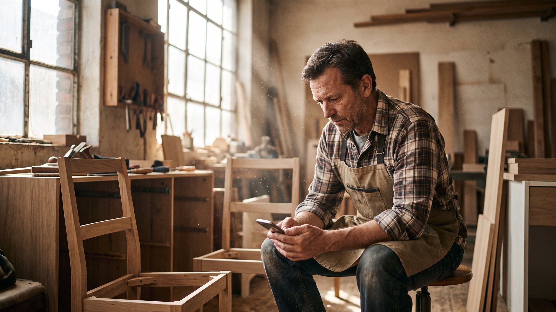 A man in an apron sits in a joinery workshop looking at his phone, surrounded by furniture and tools