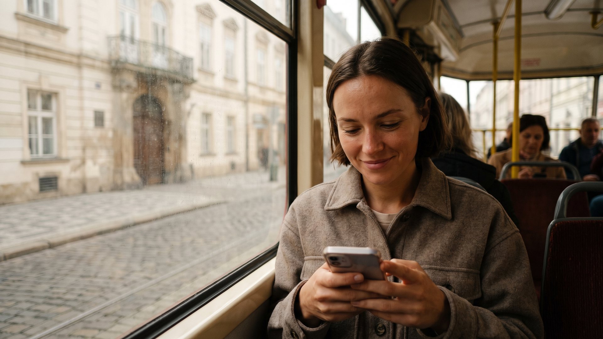 Une femme souriante dans un tramway consulte son smartphone