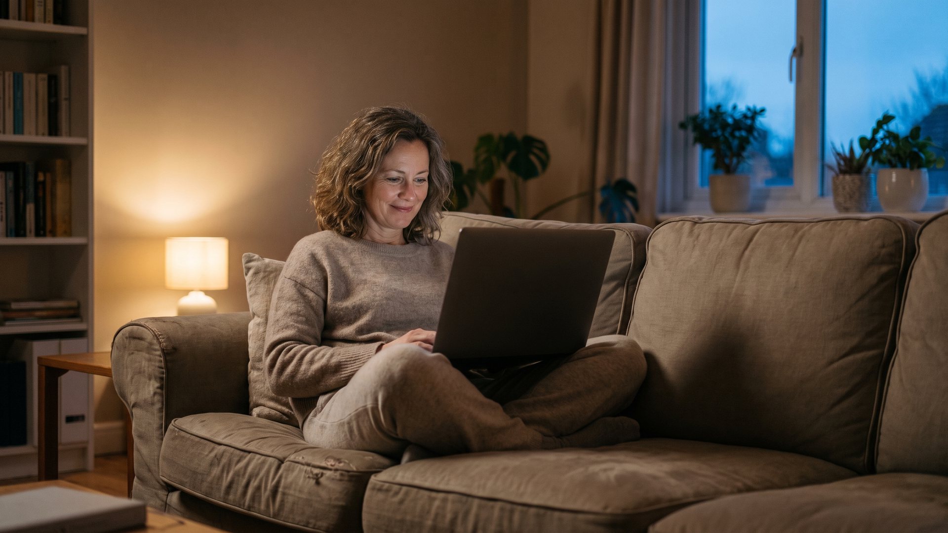 Žena večer sedí na gauči s notebookem na klíně a dívá se na obrazovku