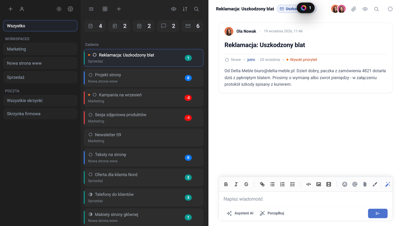 Task Manager: en la lista de tareas, arriba, la nueva tarea „Reclamación: Encimera dañada" en el espacio de trabajo Ventas, a la derecha su hilo con una insignia con icono de sobre „Encimera dañada" junto al título, estado Nueva, fecha límite mañana 20 de septiembre y prioridad alta; en la descripción el contenido copiado del correo de Delta Muebles (oficina@delta-muebles.es) sobre la encimera agrietada del pedido 4821