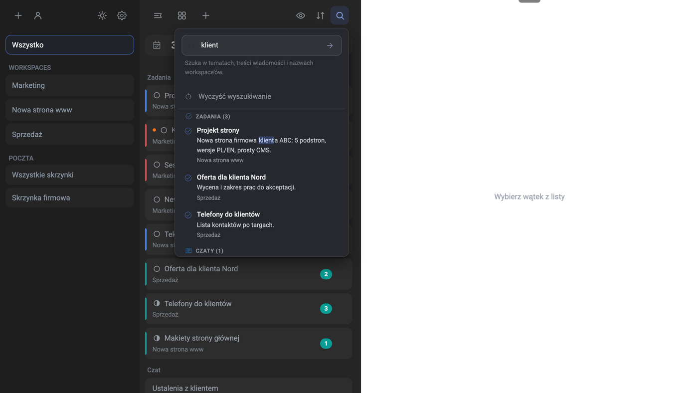 Buscador de Task Manager abierto sobre la lista de tareas con la palabra „cliente" introducida: sección Tareas (3) con las entradas Proyecto de web, Oferta para el cliente Nord y Llamadas a clientes, cada una con un fragmento de la descripción y el nombre del espacio de trabajo, la palabra „cliente" resaltada en la descripción „Nueva web de empresa del cliente ABC", debajo la sección Chats (1)