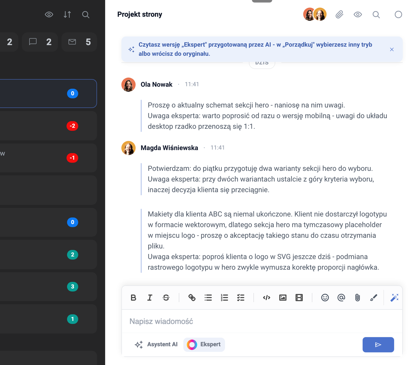 Hilo de la tarea «Proyecto de la web» en modo Experto: banner «Estás leyendo la versión Experto preparada por IA», etiqueta «Listo - modo Experto», mensajes de Ola Nowak y Magda Wiśniewska con líneas añadidas «Nota del experto», en el editor un interruptor Experto junto al de Asistente de IA