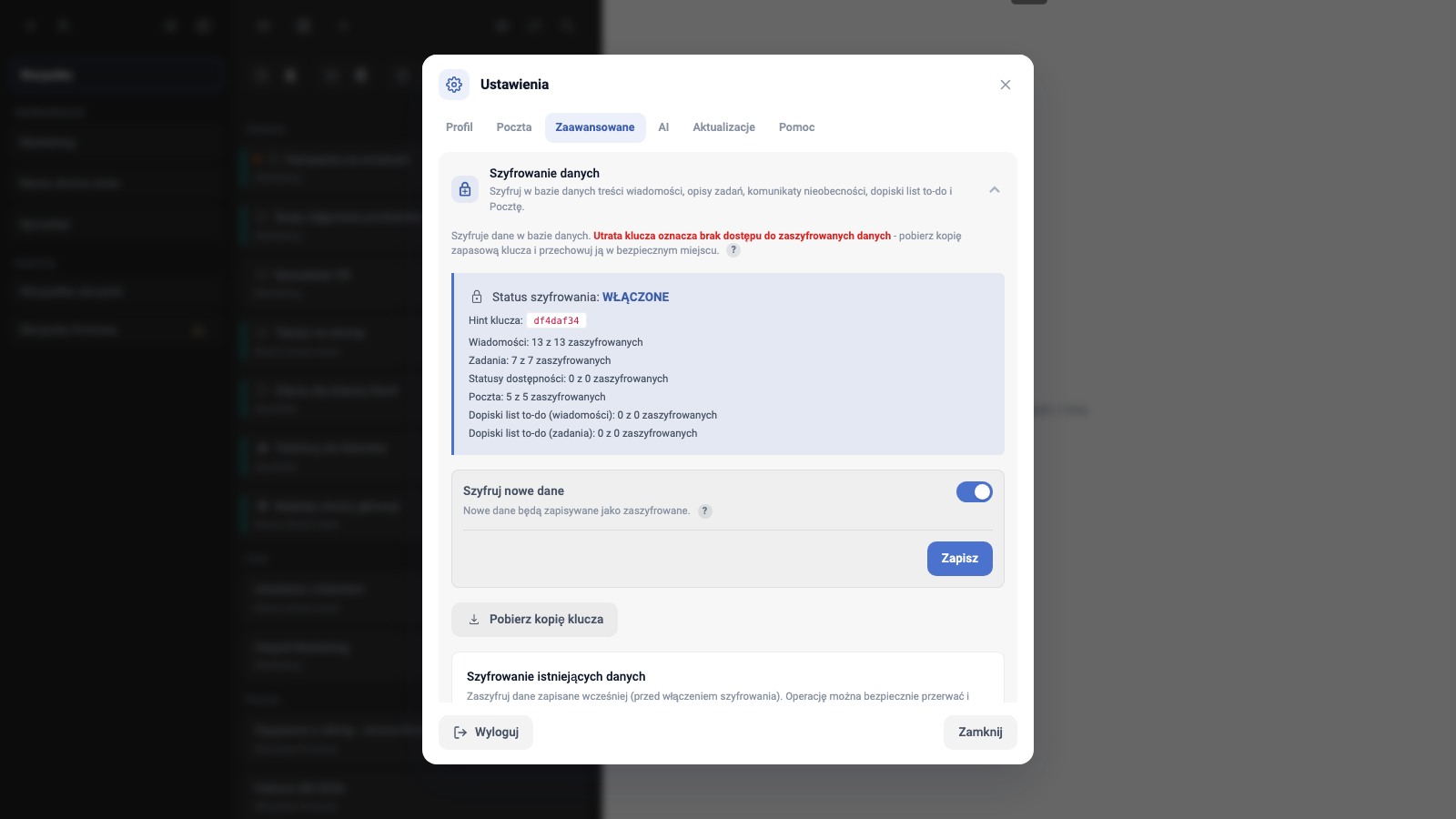Task Manager: Bereich Datenverschlüsselung in den Einstellungen mit aktivierter Verschlüsselung und Zählern verschlüsselter Daten.